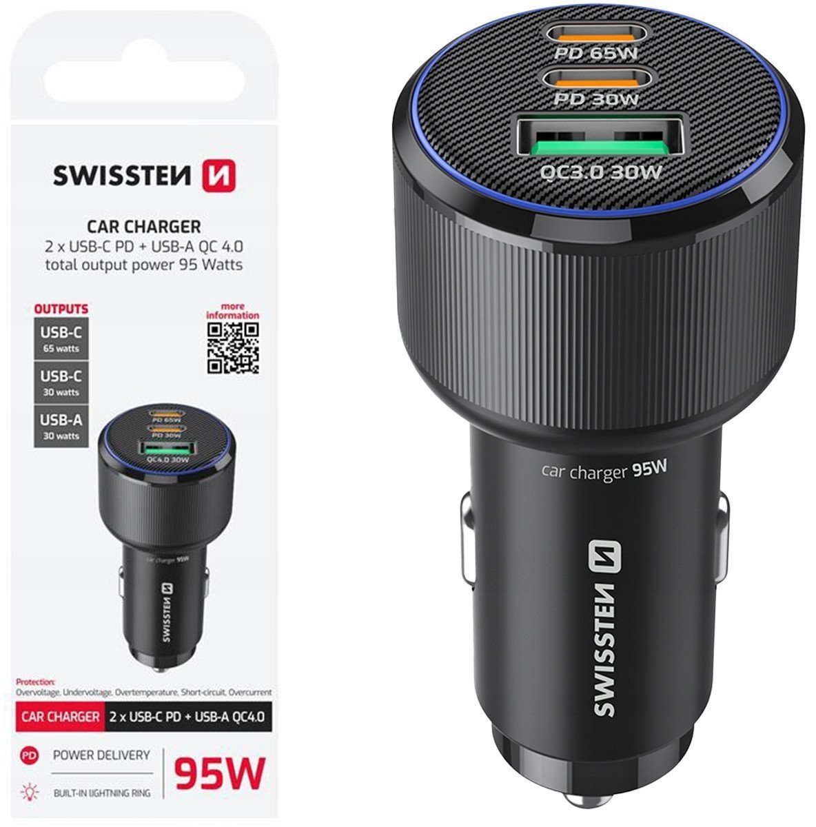 Swissten Car Charger 2x USB-C PD / USB / 95W