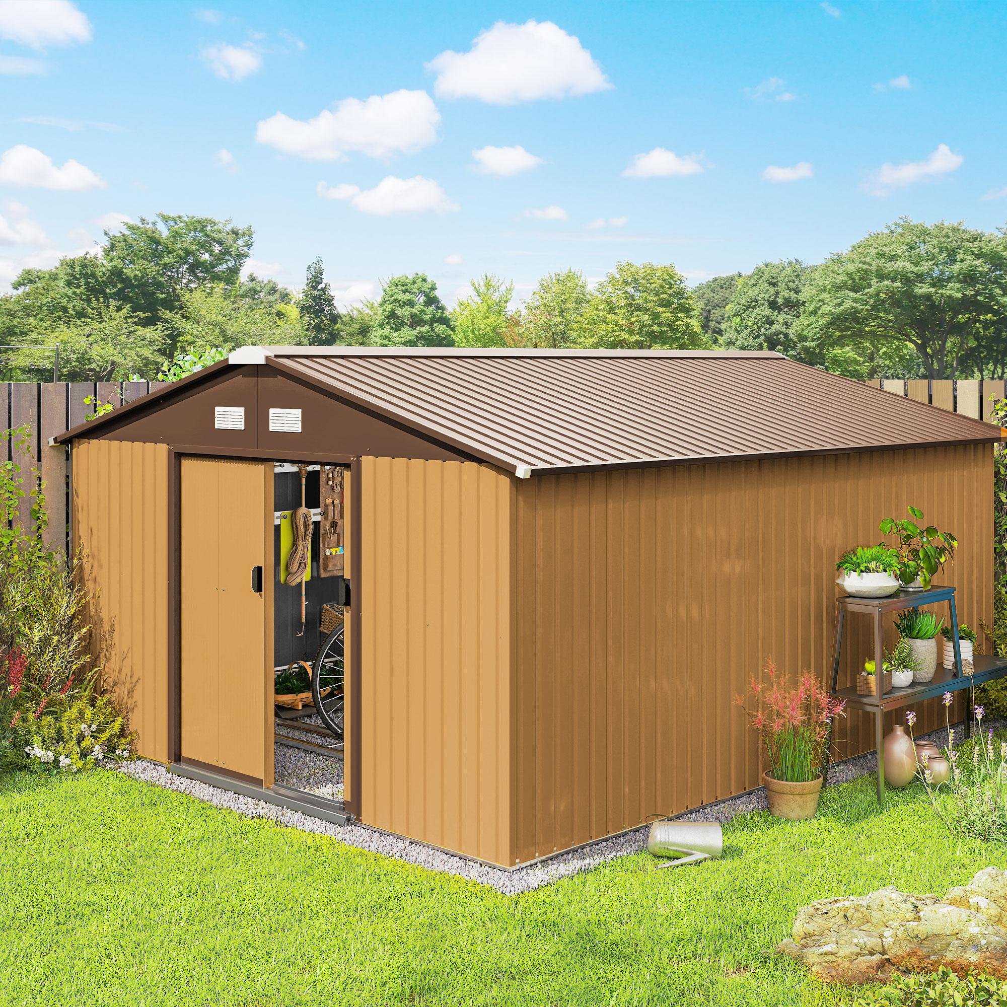 Domek narzędziowy metalowy Outsunny 26,2 m³, 340 x 386 x 200 cm, z dachem dwuspadowym, drzwiami przesuwnymi, odporny na warunki atmosferyczne, do użytku na zewnątrz, żółty