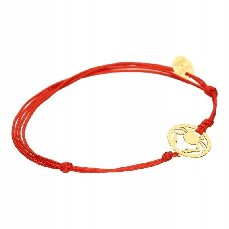 Złota bransoletka 14KT czerwony sznurek regulacja znak zodiaku rak prezent