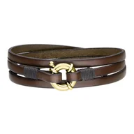 Bransolety męskie - Męska bransoletka ciemno brązowe skórzane rzemienie z pozłacanym zapięciem - Manoki - miniaturka - grafika 1