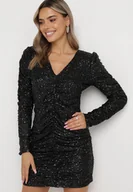Sukienki - Czarna Cekinowa Sukienka Mini z Drapowaniem i Dekoltem w Serek Naviny - miniaturka - grafika 1