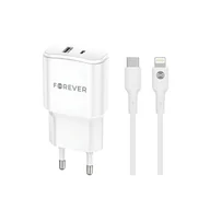 Kable USB - Forever ładowarka sieciowa PD QC TC-01-20AC 1x USB-C 1x USB 20W biała + kabel USB-C - Lightning 20W - miniaturka - grafika 1
