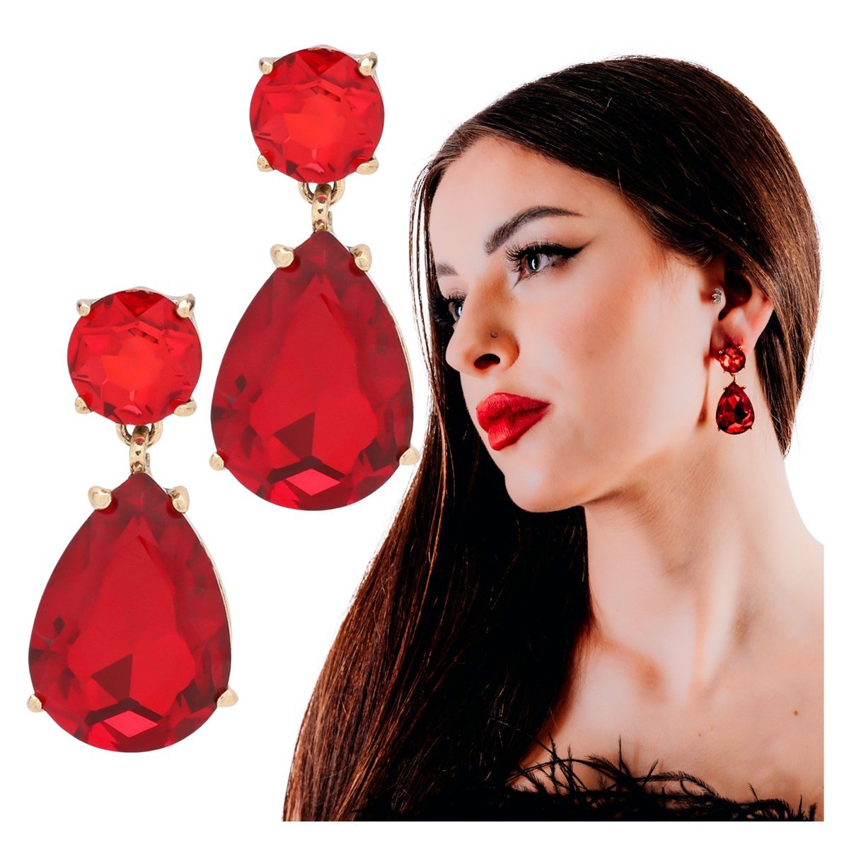 Kolczyki Wiszące Czerwone Długie z Cyrkoniami Łezki Lekkie i Efektowne