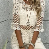 Inne - TEMU Hollow Out Crochet Pullover Top, Wszechstronny Top Z Okrągłym Dekoltem I Krótkim Rękawem Na Wiosnę I , Odzież Damska - miniaturka - grafika 1