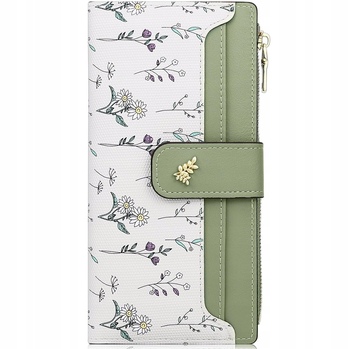 FARCAUO Portfel Damski RFID Średni Duży Zielony Kwiatowy Design