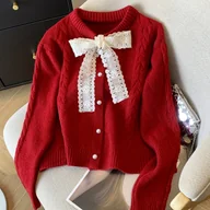 Kurtki damskie - TEMU Elegancka Czerwono-Biała Bluza z Guzikami i Perłami dla Kobiet – Okrągły Kołnierz, Jednokolorowa, Całoroczna, Pranie Ręczne, Zimowa Kurtka w - miniaturka - grafika 1