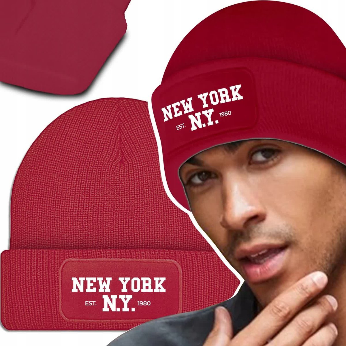 Zimowa Wygodna Czapka Czerwona NEW YORK NY Wzory