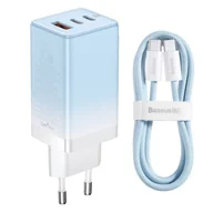 Ładowarki do telefonów - Ładowarka sieciowa Baseus GaN3 Pro 2xUSB-C + USB, 65W + kabel 1m (niebieska) - miniaturka - grafika 1