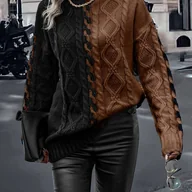 Swetry damskie - TEMU Elegancka Bluzka z Wysokim Kołnierzem w Pionowe Paski i Kolorowe Bloki - Miękka, Elastyczna Bluzka z Długim Rękawem, Ciepło na Zimę, Niezależnie - miniaturka - grafika 1