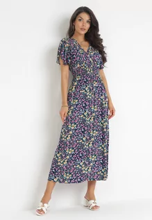 Sukienki - Granatowa Maxi Elastyczna Sukienka z Wiskozy w Kwiatowy Print Loxanne - grafika 1