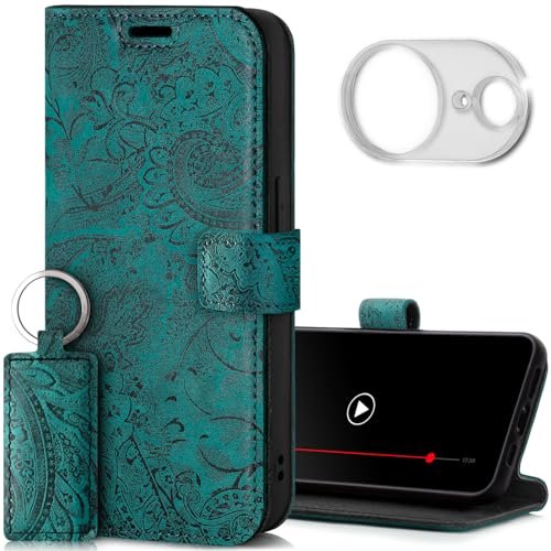 SURAZO Skórzane etui na telefon komórkowy do Apple iPhone 16e, etui z ochroną aparatu i stojakiem – etui ochronne premium z prawdziwej skóry z przegródką na karty, ochroną RFID, motywem kwiatowym