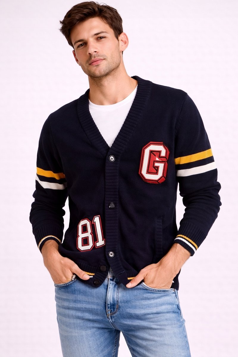 GUESS GRANATOWY SWETER MĘSKI ROZPINANY Z APLIKACJAMI 81 G XS GGA
