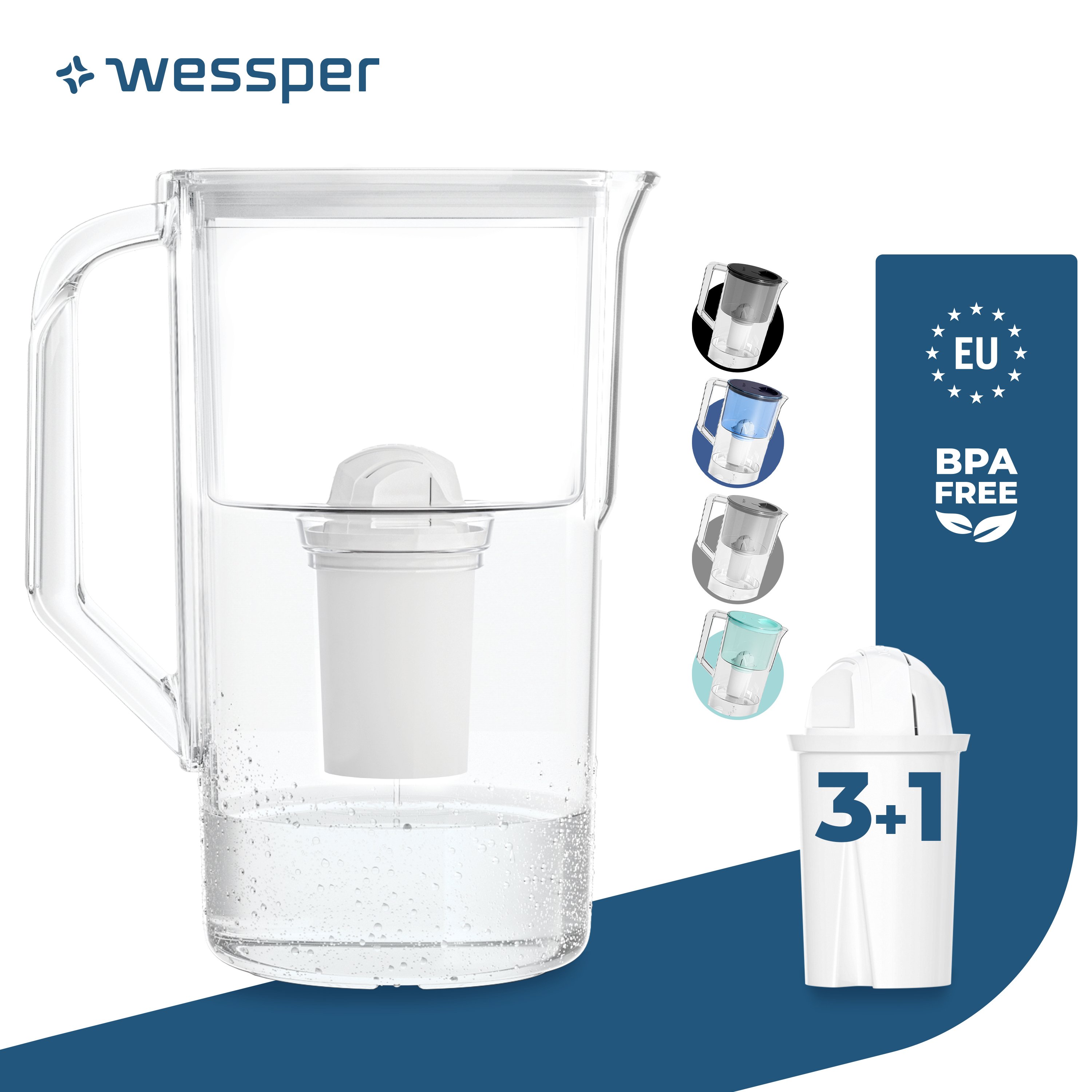 Wessper dzbanek filtrujący do wody 2,8 l Kompatybilny z Brita Classic, system filtrujący do redukcji kamienia, chloru + 4x filtr do wody Biały