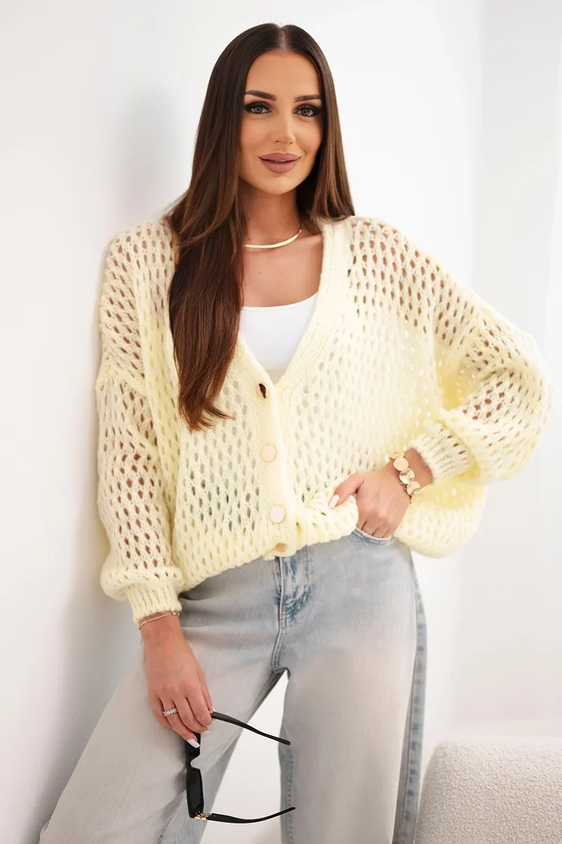 Sweter damski ażurowy oversize zapinany na guziki żółty
