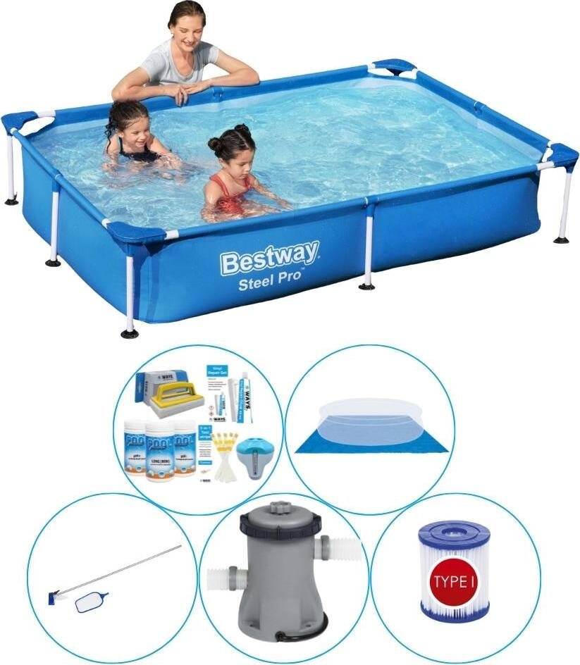 Bestway Steel Pro 221x150x43 cm Prostokątny - 6-częściowy - Basen Plus Akcesoria
