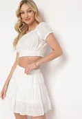 Komplety damskie - Biały Ażurowy Komplet z Bawełny Top z Krótkim Rękawem Spódnica z Gumką w Talii Efirie - miniaturka - grafika 1