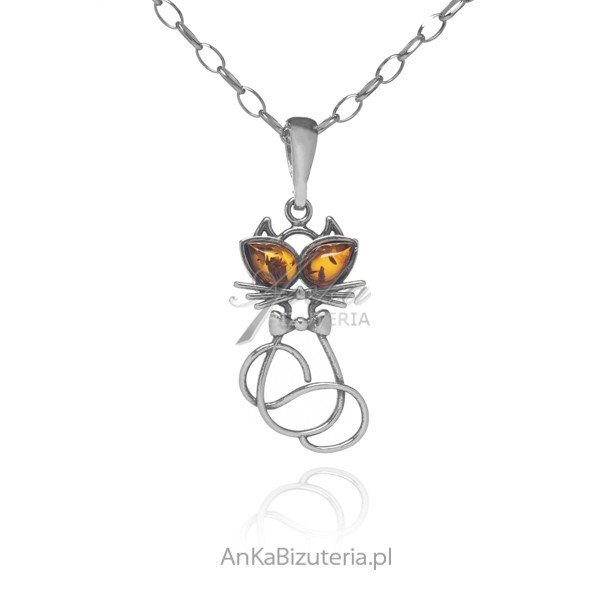 ankabizuteria.pl Zawieszka srebrna duży KOT z bursztynem