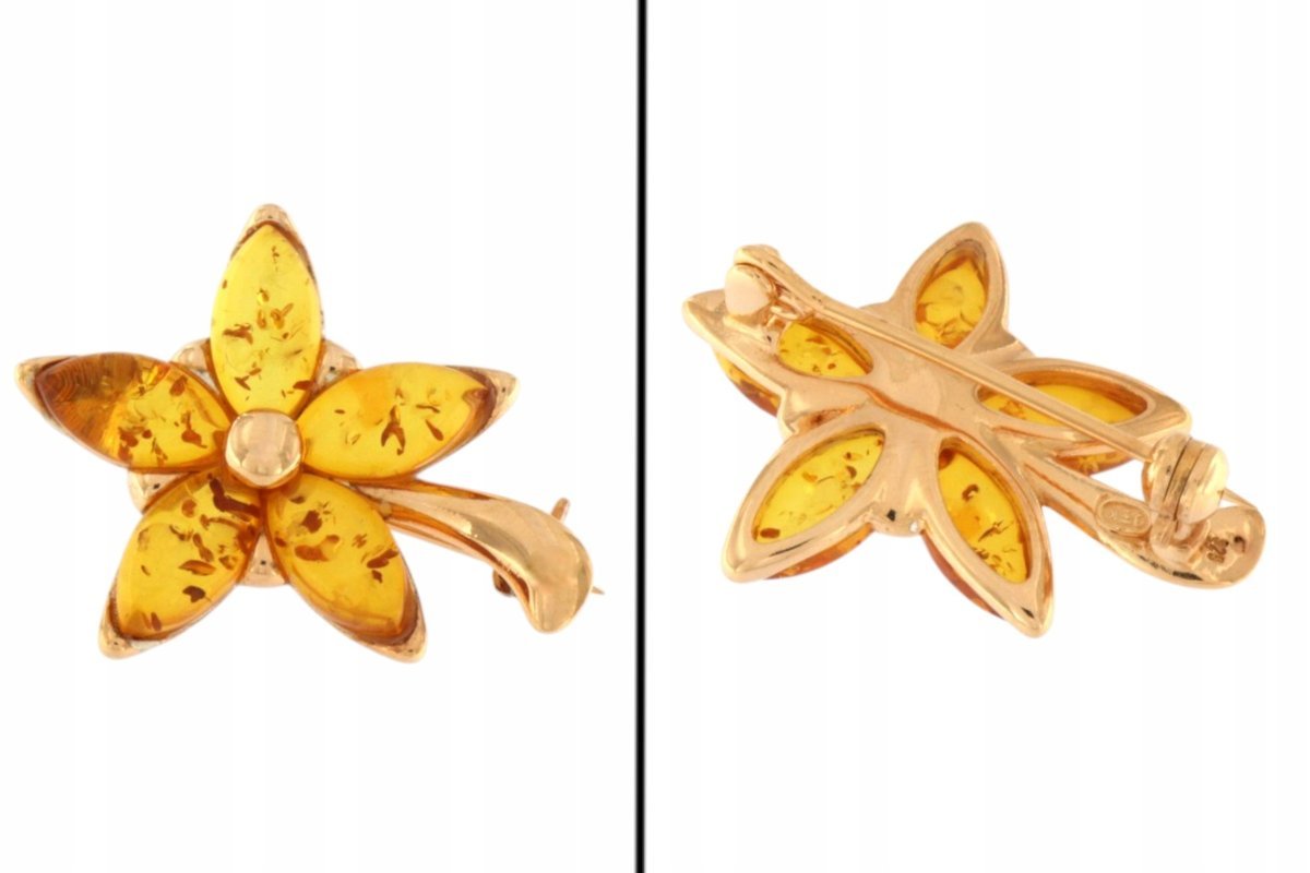 Broszka Kwiat Srebro 925 Pozłacane z Bursztynem Bałtyckim - Miodowa