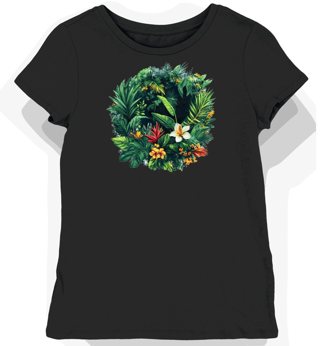 Koszulka damska czarna z motywem tropikalnych kwiatów S