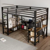 Łóżka dla dzieci i młodzieży - Łóżko piętrowe 120 x 200 cm z biurkiem i półkami do przechowywania - żelazo + płyta wiórowa - czarny + ciemny orzech (bez materaca) - miniaturka - grafika 1