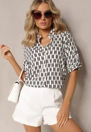 Koszule damskie - Biało-Czarna Koszula z Wiskozy i Bawełny w Geometryczny Wzór z Rękawem 3/4 Andromia - miniaturka - grafika 1