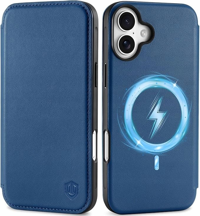 Shieldonn naturalne etui skórzane MagSafe iPhone 16 Plus portfel niebieskie