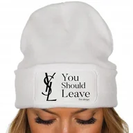 Czapki damskie - CZAPKA Jesienna BAWEŁNIANA ZIMOWA Ciepła BIAŁA BEANIE YOU SHOULD LEAVE Wz - miniaturka - grafika 1
