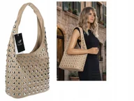 Torebki damskie - Torebka damska modna pojemna torba na Ramię worek z nitami HJ1357 beżowa - miniaturka - grafika 1