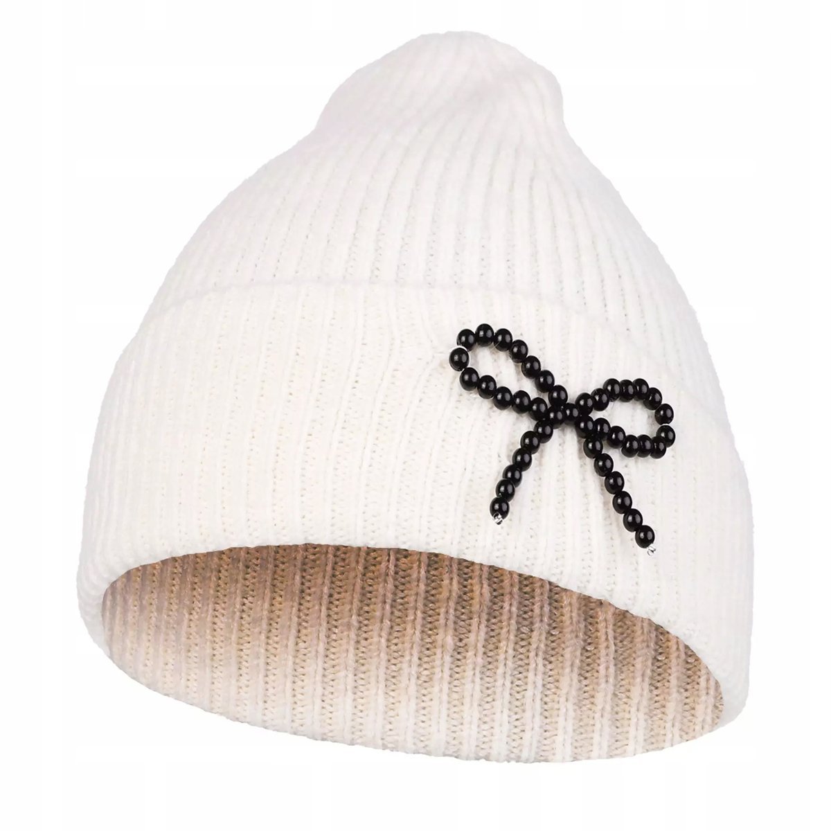 Czapka Damska Gładka Kokarda Z Koralików Jesienna Zimowa Ciepła Gruba Moraj White