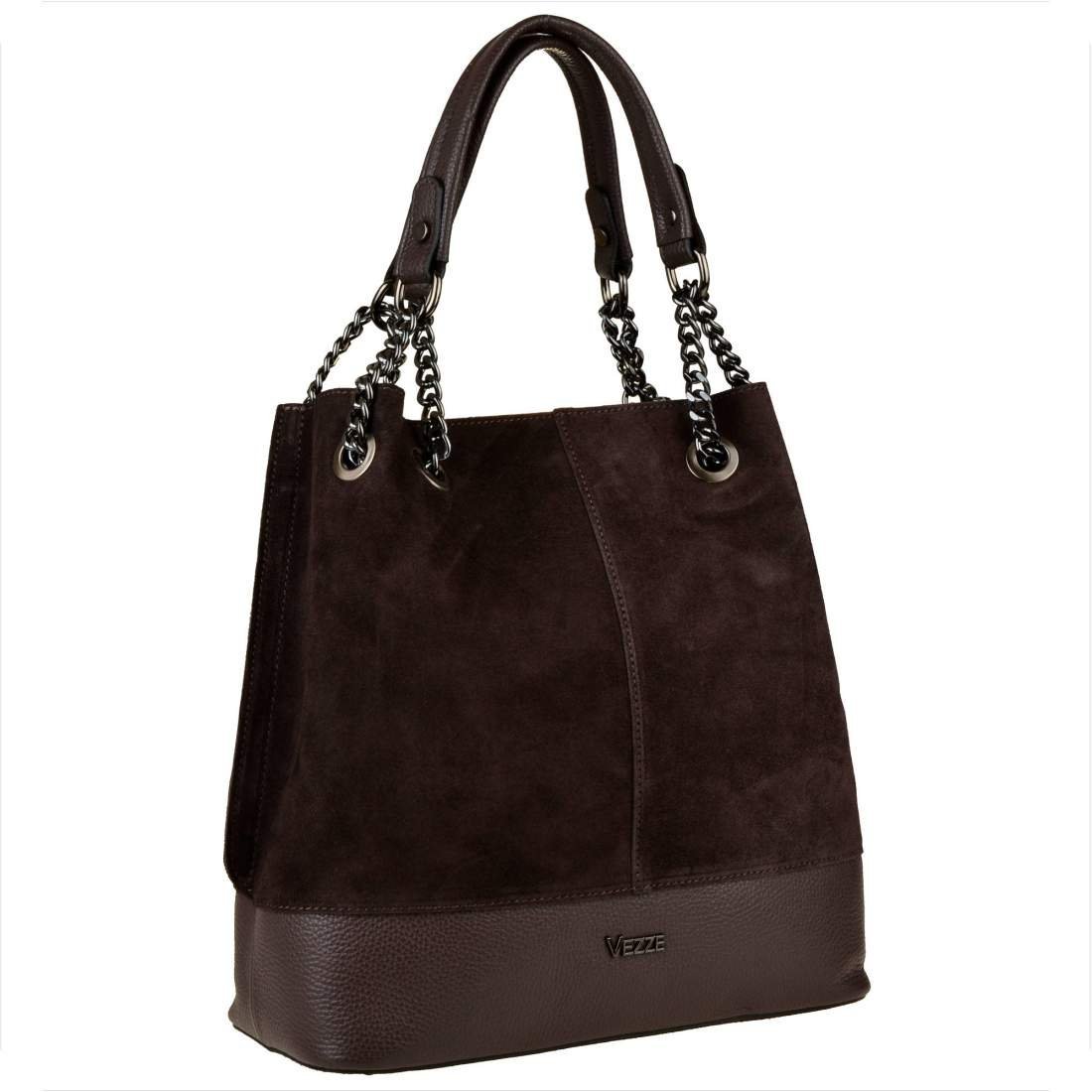 Duża torba brąz czekolada z łańcuszkami VEZZE skóra zamszowa i licowa
