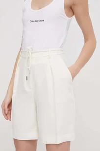 Calvin Klein szorty damskie kolor beżowy gładkie high waist - Spodenki damskie - miniaturka - grafika 1