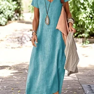 Sukienki - TEMU Kobieca Sukienka z Dekoltem w Serek - Jednokolorowa, Krﾃｳtki Rﾄ冖aw, Maksymalna DﾅＶgoﾅ崙� z Kieszeniami, Idealna na Wiosnﾄ� i , Casualowa Letnia - miniaturka - grafika 1