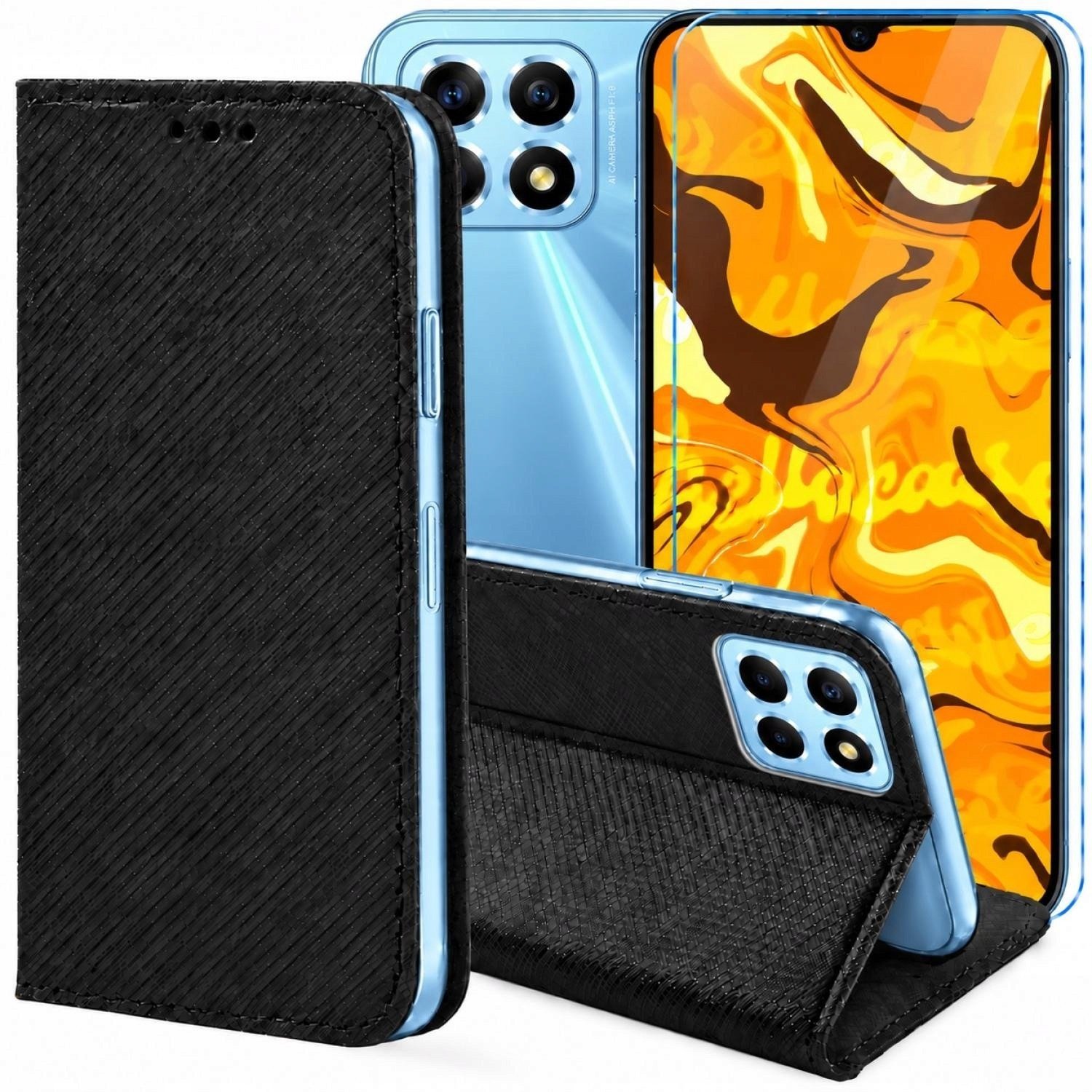 Hello Case Etui z Klapką Do Huawei Honor X8 5G / X6 / 70 Lite Czarne, Kabura Szkło BNDL3374