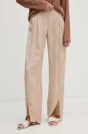 Spodnie damskie - Sisley spodnie z domieszką lnu kolor beżowy szerokie high waist 43MELF05I - miniaturka - grafika 1