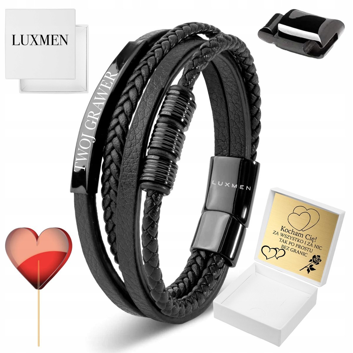 Męska Bransoletka Skórzana CZARNA Stalowa Z GRAWEREM Regulowana SOLIDNA