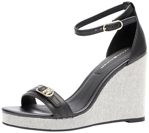 Tommy Hilfiger Damskie sandały na koturnie Espadryle FW0FW08622, czarne, 6 UK, Czarny, 39 EU