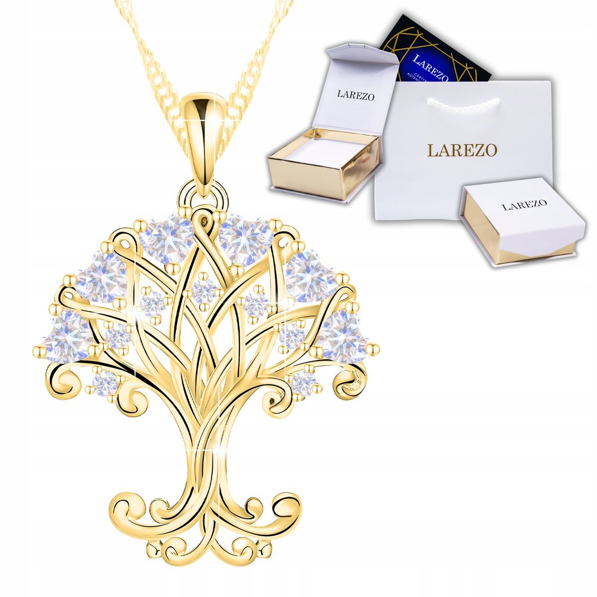 Złoty Naszyjnik Duże Drzewko Szczęścia z Cyrkoniami Drzewo Życia SREBRO 925