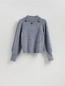 Swetry damskie - Reserved - Sweter z biżuteryjną aplikacją - granatowy - miniaturka - grafika 1