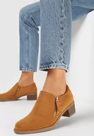 Półbuty damskie - Brązowe Półbuty na Niskim Słupku z Ozdobnym Suwakiem Aricca - miniaturka - grafika 1