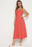 Sukienki - Czerwona Sukienka na Cienkich Regulowanych Ramiączkach Zapinana na Guziki Palfea - miniaturka - grafika 1