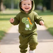 Dresy i komplety dla chłopców - TEMU Bluza z kapturem z dinozaurem dla chłopca na jesień i zimę z pluszową bluzą i spodniami, z zębami i rogami dinozaura, odpowiednia do noszenia na - miniaturka - grafika 1