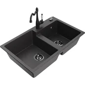 Zlewozmywaki z baterią - Mexen Tomas zlewozmywak granitowy 2-komorowy z baterią kuchenną Carla, czarny nakrapiany - miniaturka - grafika 1