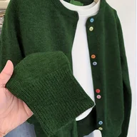 Swetry damskie - TEMU Kardigan w Stylu Vintage z Kolorowymi Guzikami – Miękki Szary Sweter z Okrągłym Dekoltem i Długim Rękawem, Średnio Elastyczny do Warstwowania na - miniaturka - grafika 1