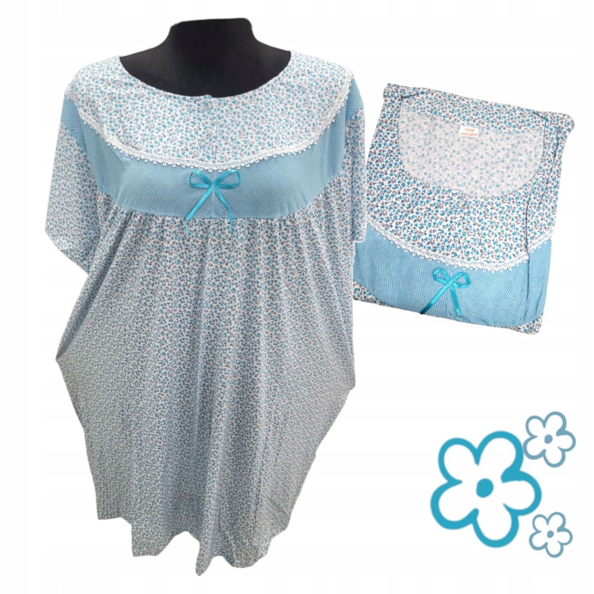 KOSZULA NOCNA BAWEŁNA 100% KWIAT prezent krótki rękaw błękit 60 62 10XL