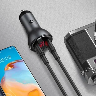 Baseus ładowarka samochodowa 2x USB 45 W 5 A Quick Charge 3.0 Huawei SCP z ekranem LCD + kabel USB Typ C szary (TZCCBX-B0G) - Ładowarki samochodowe - miniaturka - grafika 14