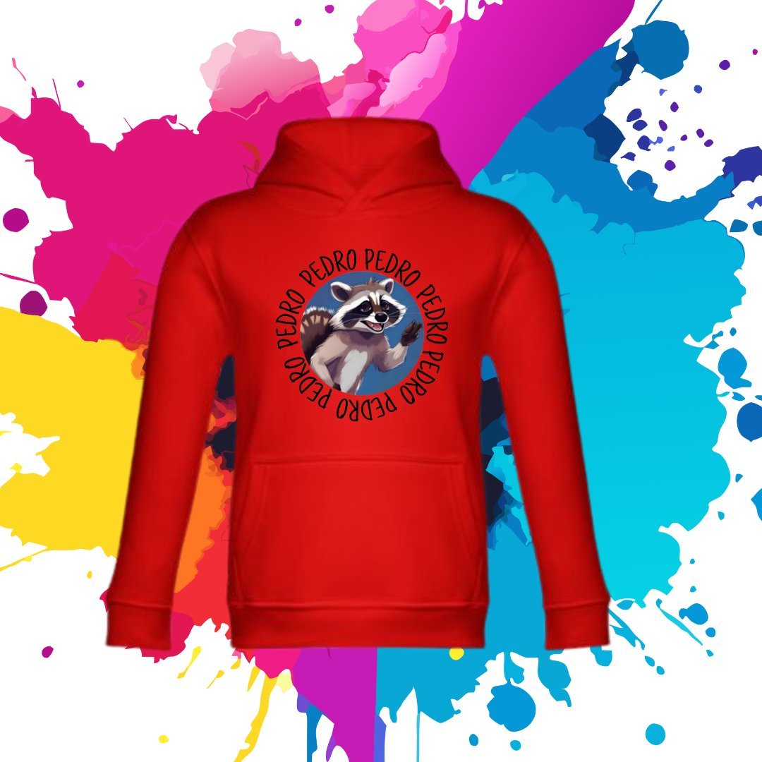 Bluza dziecięca typu kangurka z kapturem w kolorze czerwonym z nadrukiem szop pedro 4 lata