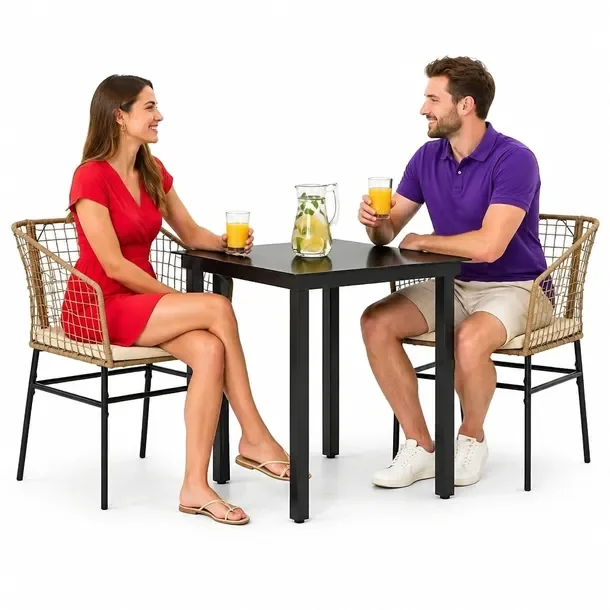 Zestaw mebli ogrodowych czarny stół 80x80x74 cm, brązowe krzesła 62x63x83 c
