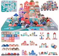 Klocki - KOLOROWE DREWNIANE KLOCKI ZESTAW MIASTO 115 elementów WSPANIAŁY ZESTAW KOLOROWYCH EDUKACYJNYCH DREWNIANYCH KLOCKÓW - miniaturka - grafika 1