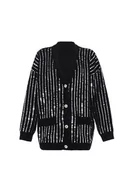 Swetry damskie - faina Damski kardigan w paski z dekoltem w serek i cekinami, czarny, rozmiar XL/XXL, czarny, XL - miniaturka - grafika 1