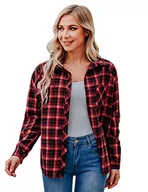 Bluzki damskie - Irevial Damska koszula w kratkę, długi rękaw, elegancka bluzka w stylu miejskim, bluzka koszulowa, na co dzień, stójka, z kieszeniami, guzikami, bluzka, tunika, czerwony + czarny, M - miniaturka - grafika 1